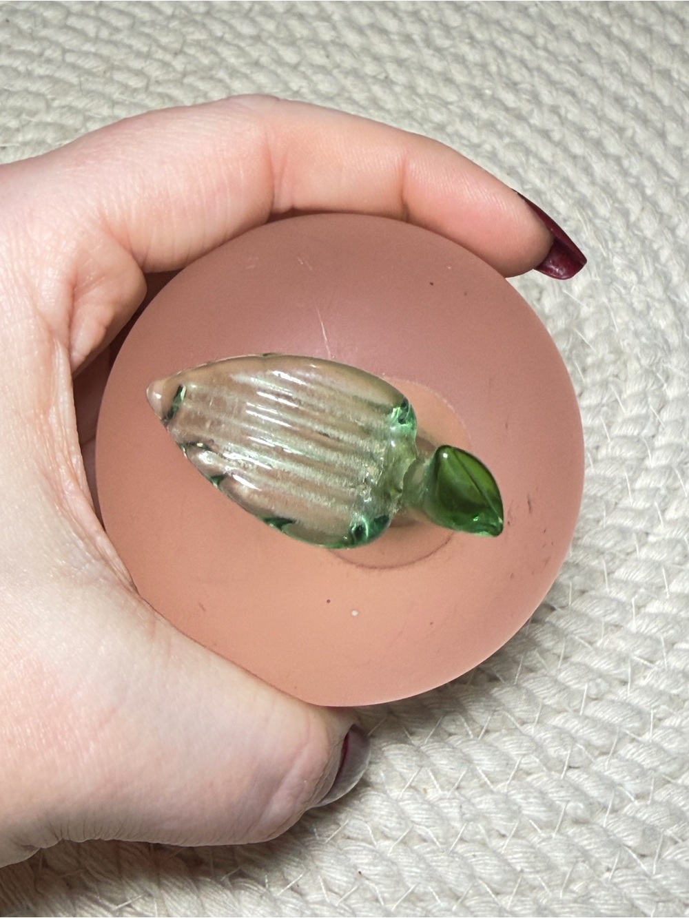 Vintage Pink Art Glass Apple Paperweight Green Stem Leaf Fruit Decor - Picture 6 of 14